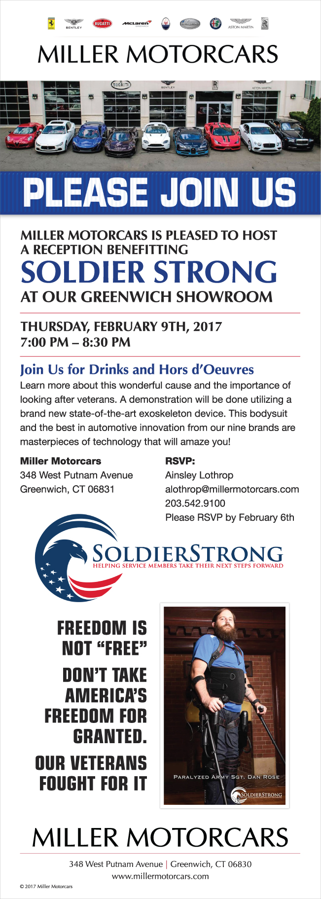 Image of benefit information hosted by Miller Motorcars benefiting SoldierStrong